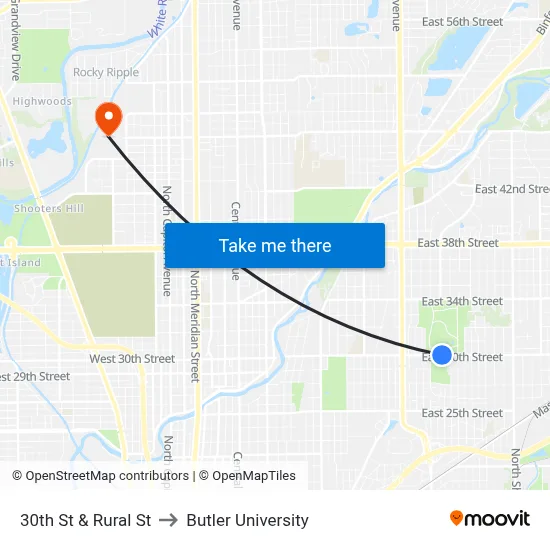 30th St & Rural St to Butler University map