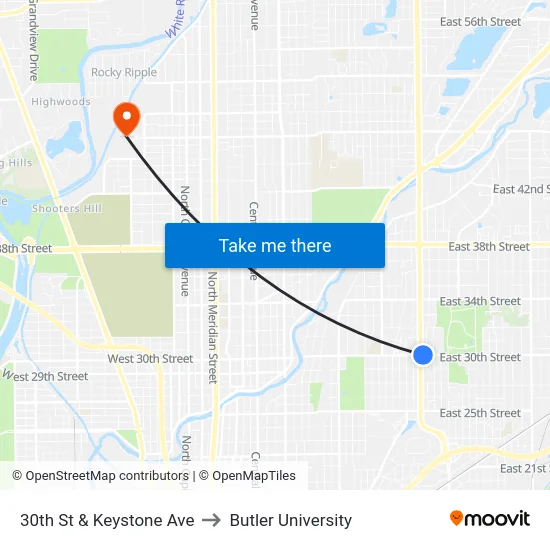 30th St & Keystone Ave to Butler University map