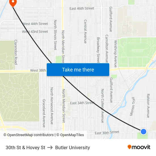 30th St & Hovey St to Butler University map