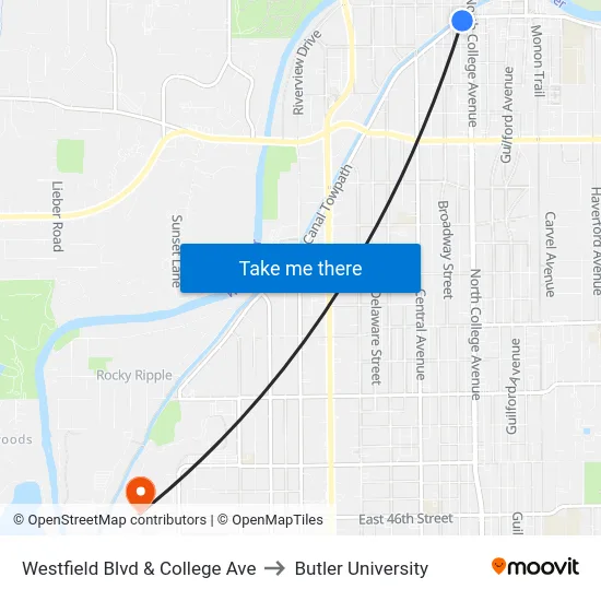 Westfield Blvd & College Ave to Butler University map