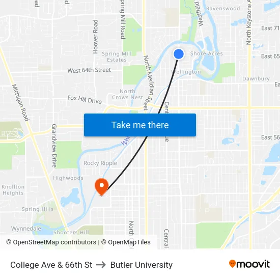 College Ave & 66th St to Butler University map