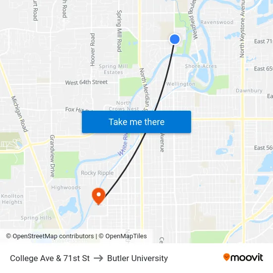 College Ave & 71st St to Butler University map