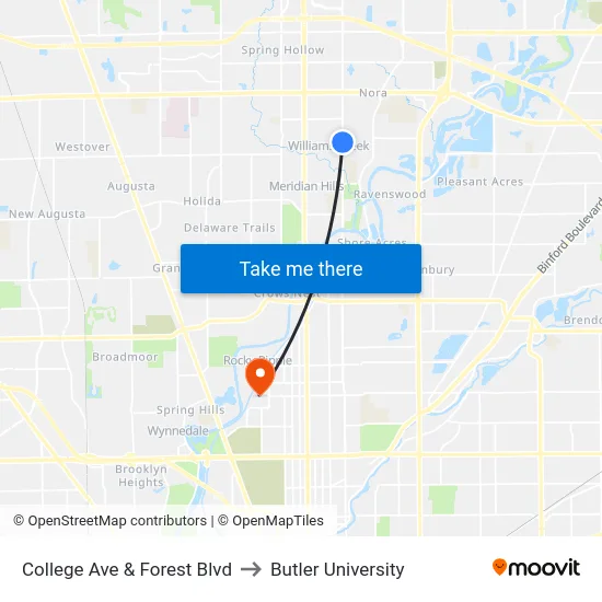 College Ave & Forest Blvd to Butler University map