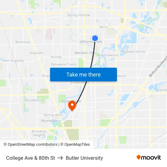 College Ave & 80th St to Butler University map