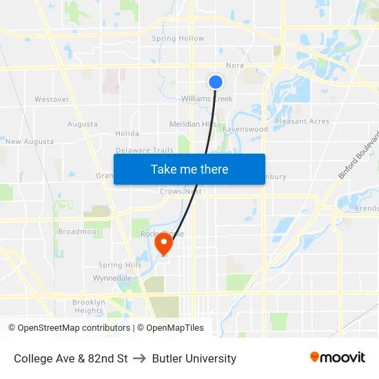 College Ave & 82nd St to Butler University map