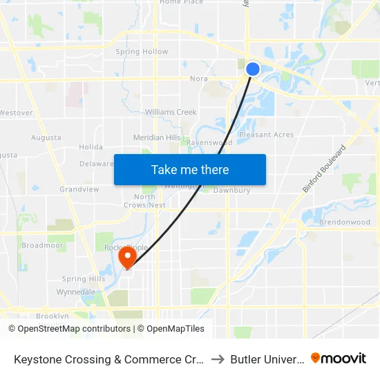 Keystone Crossing & Commerce Crossing to Butler University map