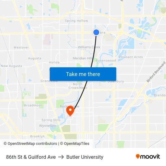 86th St & Guilford Ave to Butler University map