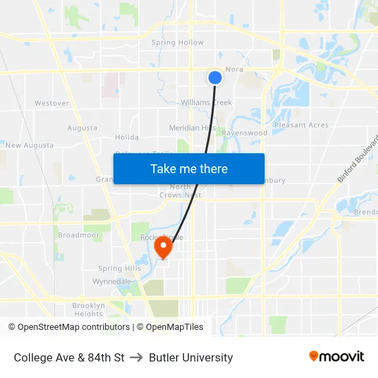College Ave & 84th St to Butler University map