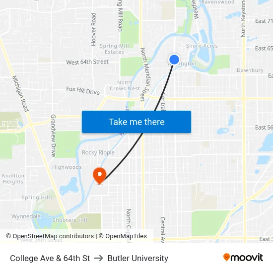College Ave & 64th St to Butler University map