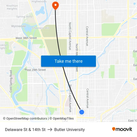 Delaware St & 14th St to Butler University map