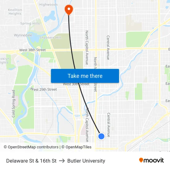 Delaware St & 16th St to Butler University map
