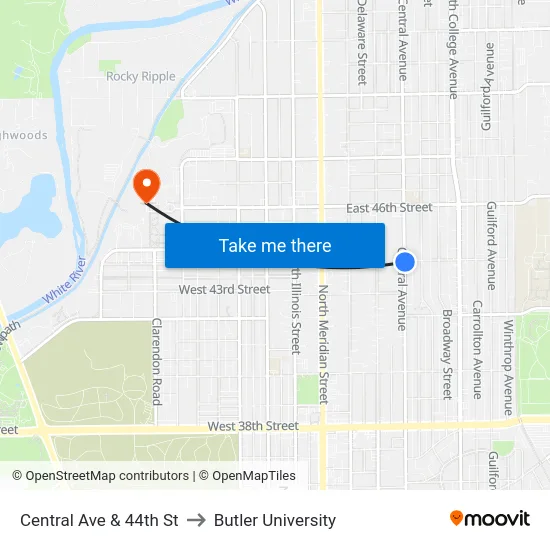 Central Ave & 44th St to Butler University map
