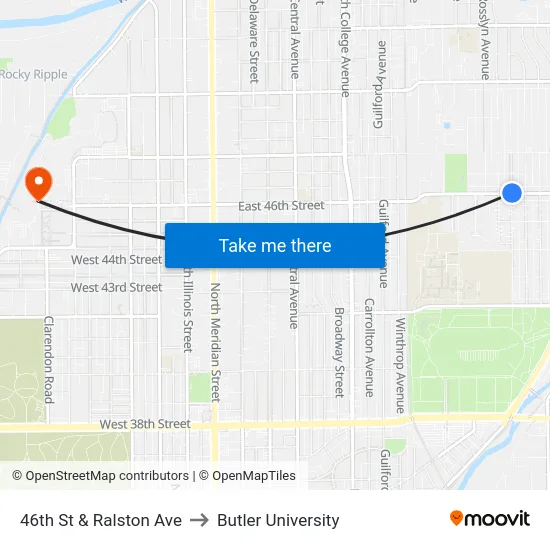 46th St & Ralston Ave to Butler University map