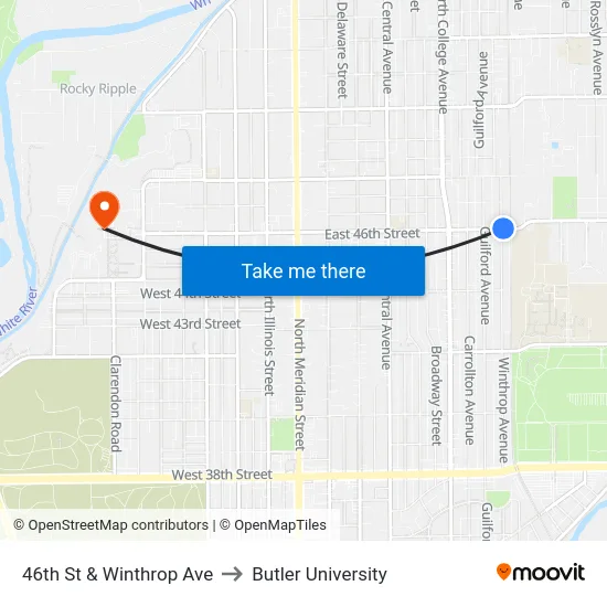 46th St & Winthrop Ave to Butler University map