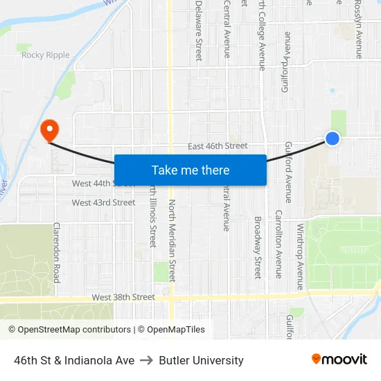 46th St & Indianola Ave to Butler University map