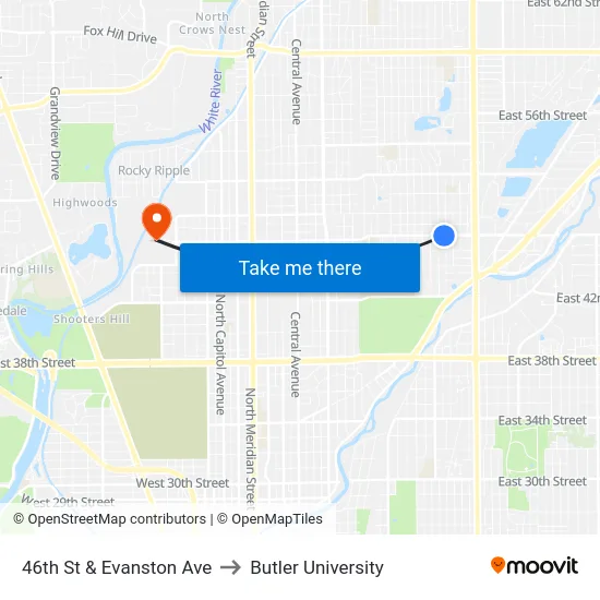 46th St & Evanston Ave to Butler University map