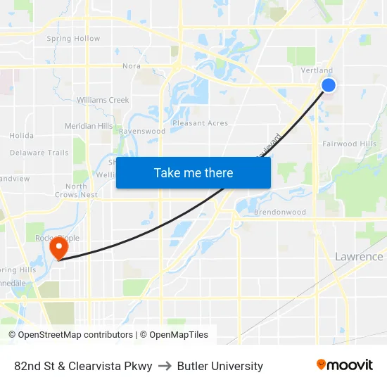 82nd St & Clearvista Pkwy to Butler University map