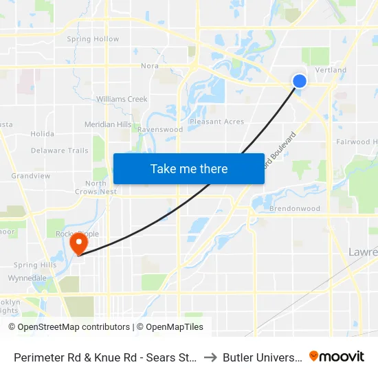 Perimeter Rd & Knue Rd - Sears Store to Butler University map