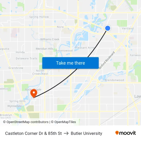 Castleton Corner Dr & 85th St to Butler University map