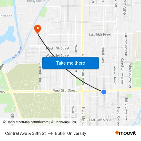 Central Ave & 38th St to Butler University map