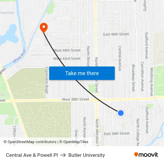 Central Ave & Powell Pl to Butler University map