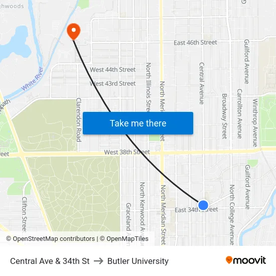 Central Ave & 34th St to Butler University map