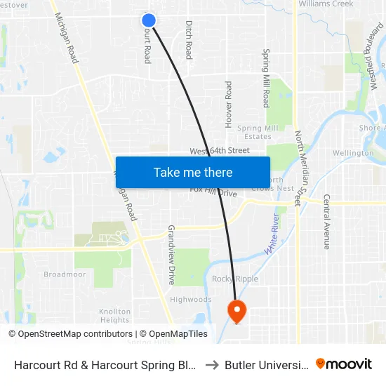 Harcourt Rd & Harcourt Spring Blvd to Butler University map
