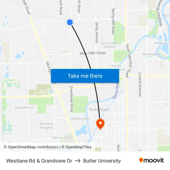 Westlane Rd & Grandview Dr to Butler University map