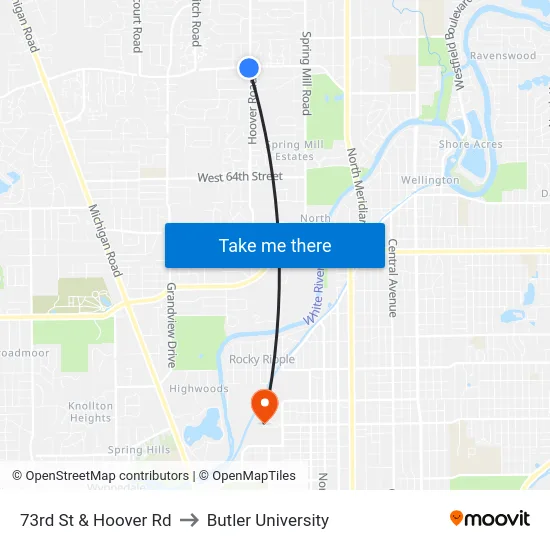 73rd St & Hoover Rd to Butler University map