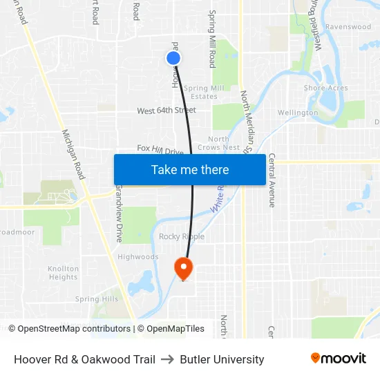 Hoover Rd & Oakwood Trail to Butler University map