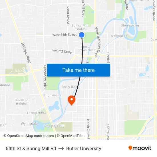 64th St & Spring Mill Rd to Butler University map