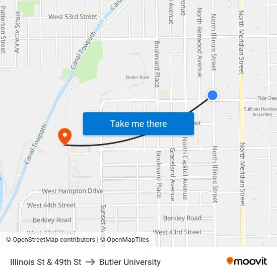 Illinois St & 49th St to Butler University map