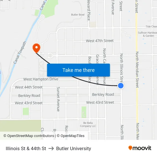 Illinois St & 44th St to Butler University map