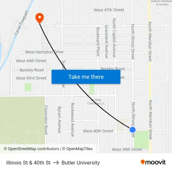 Illinois St & 40th St to Butler University map