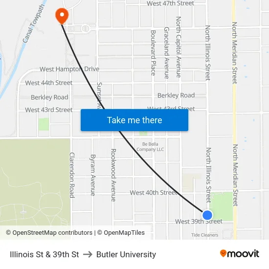 Illinois St & 39th St to Butler University map