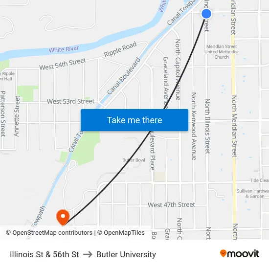 Illinois St & 56th St to Butler University map