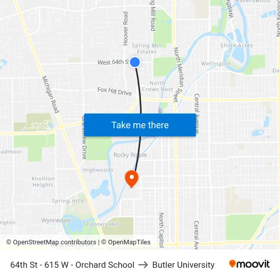 64th St - 615 W - Orchard School to Butler University map
