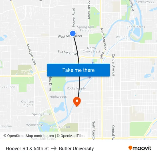 Hoover Rd & 64th St to Butler University map