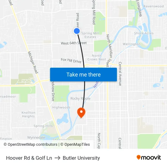Hoover Rd & Golf Ln to Butler University map