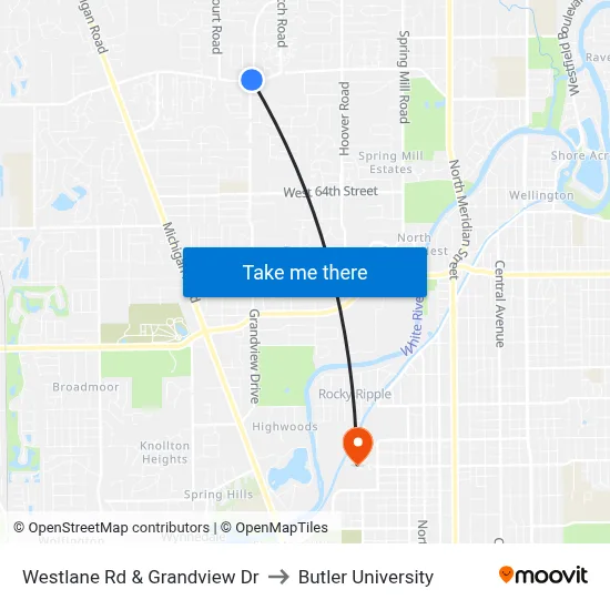 Westlane Rd & Grandview Dr to Butler University map