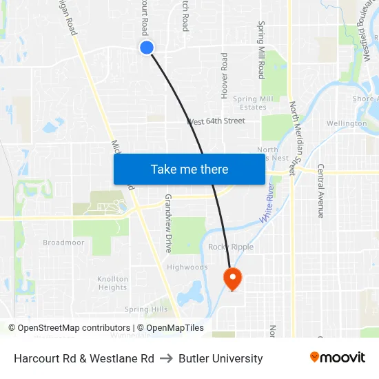 Harcourt Rd & Westlane Rd to Butler University map