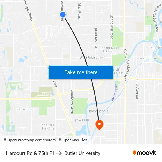 Harcourt Rd & 75th Pl to Butler University map
