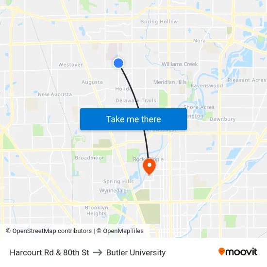 Harcourt Rd & 80th St to Butler University map