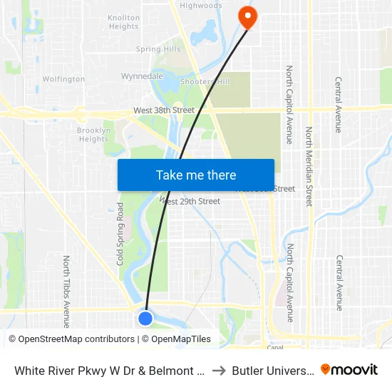 White River Pkwy W Dr & Belmont Ave to Butler University map