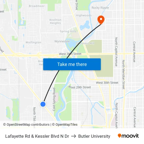 Lafayette Rd & Kessler Blvd N Dr to Butler University map