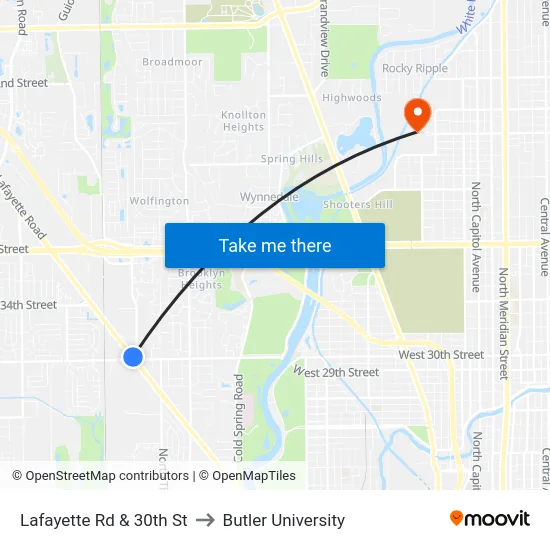 Lafayette Rd & 30th St to Butler University map