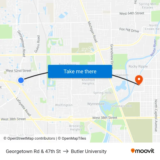 Georgetown Rd & 47th St to Butler University map
