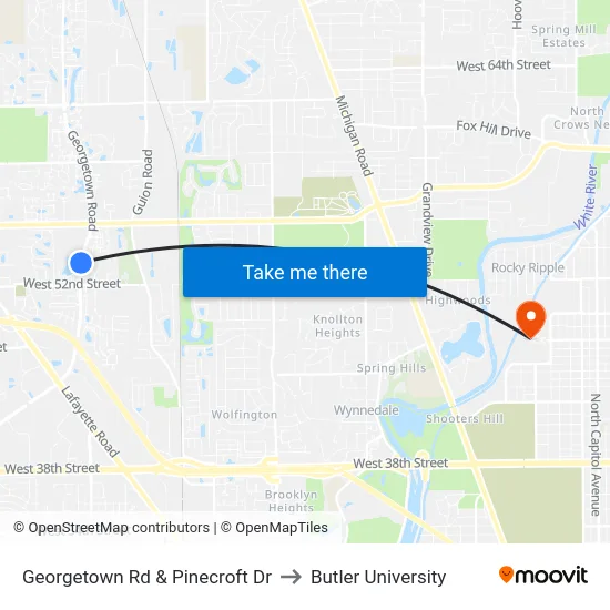 Georgetown Rd & Pinecroft Dr to Butler University map