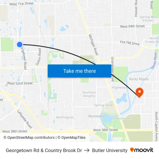 Georgetown Rd & Country Brook Dr to Butler University map