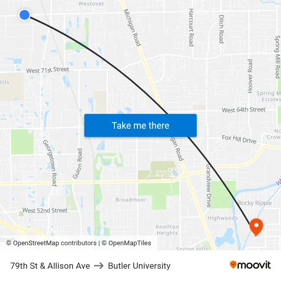 79th St & Allison Ave to Butler University map